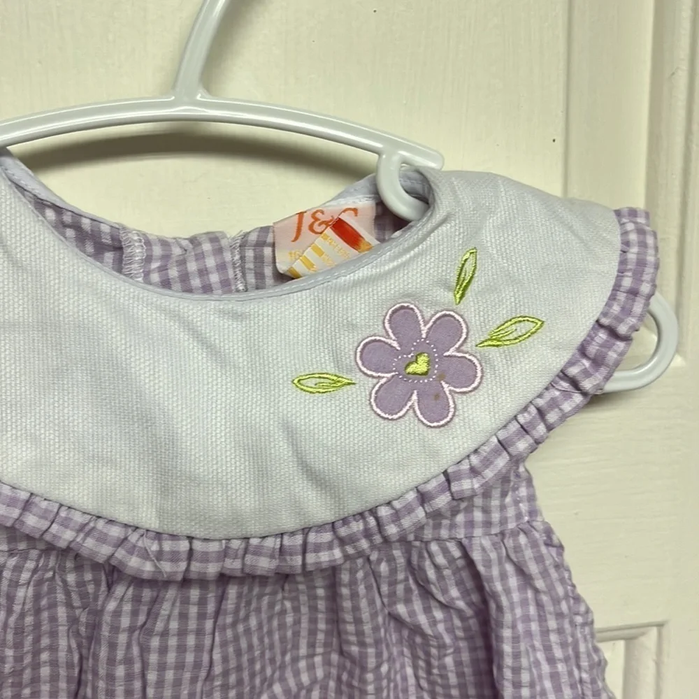 Vintage 6 Month Cotton Dress Purple White Green Floral Gingham Peter Pan Collar - Picture 6 of 7